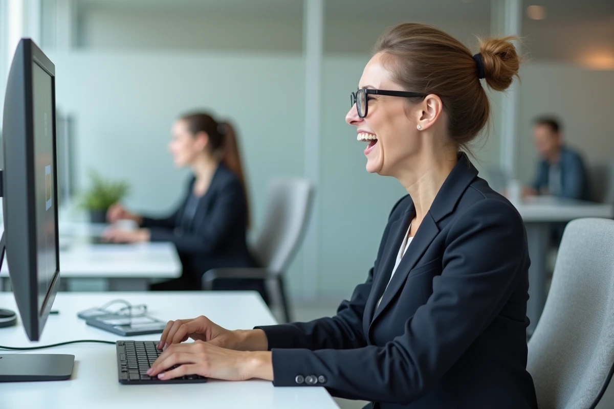 Femme en bureau moderne souriant en découvrant l'easter egg Do a Barrel Roll sur Google en 2026