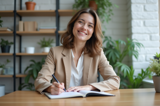 Femme en blazer beige travaillant dans un bureau moderne