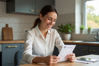 Femme souriante examine un bon cadeau à la maison