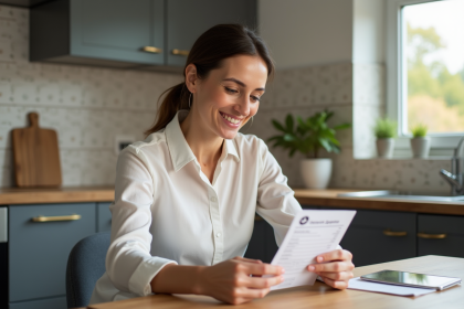 Femme souriante examine un bon cadeau à la maison