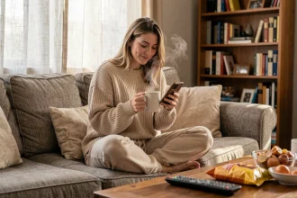 Jeune femme fatiguée sur son canapé qui envoie un message GDB ou repos depuis son téléphone