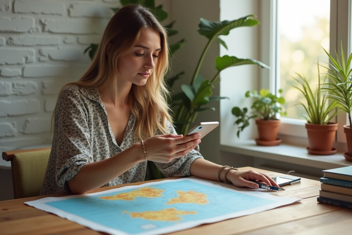 Jeune femme étudie une carte de Madagascar à la maison