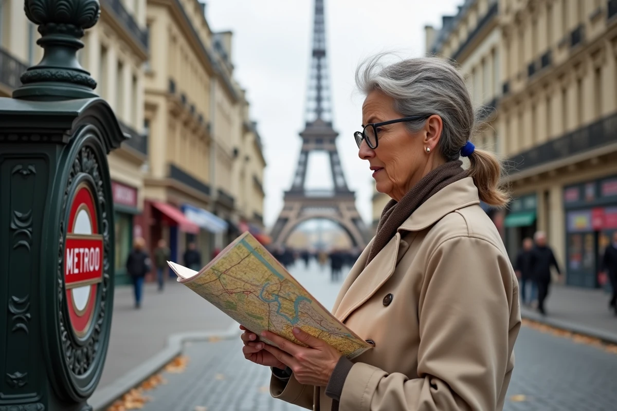 Femme consultant une carte de Paris près d'une entrée de métro avec la Tour Eiffel en arrière-plan