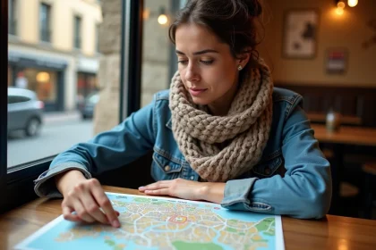 Femme étudiant une carte de Toulouse dans un café cosy