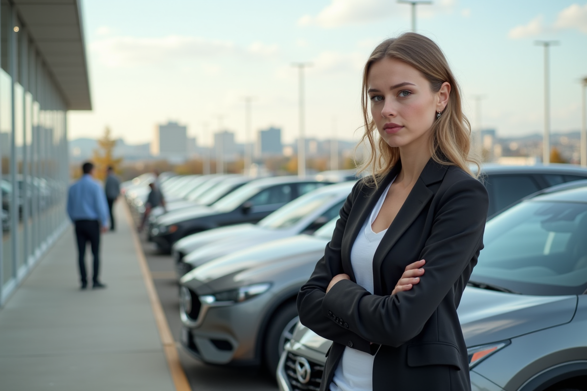 Jeune femme préoccupée parlant à un client devant une voiture