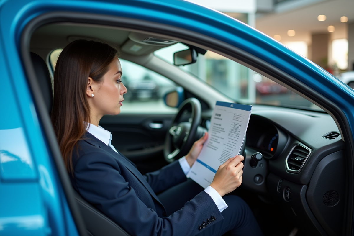 Jeune femme lisant certificat de véhicule dans showroom