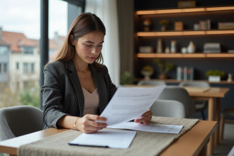 Jeune femme professionnelle examine un contrat de location dans un appartement moderne