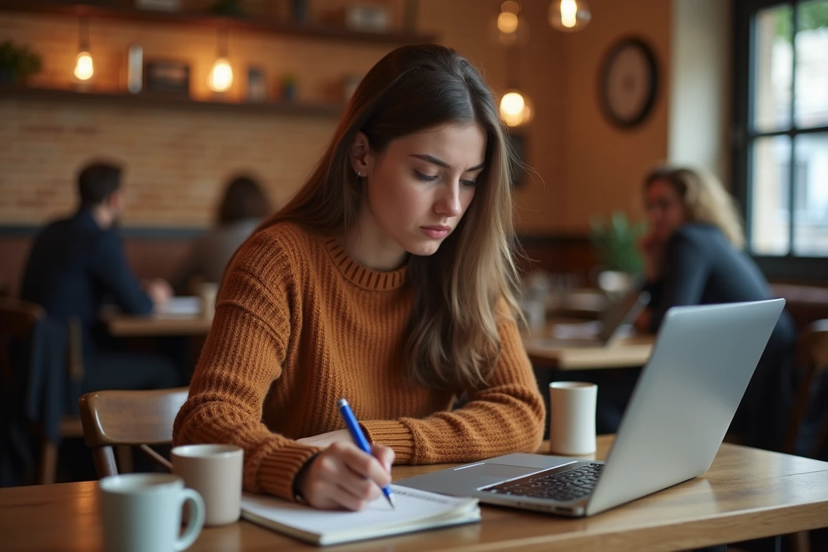 Jeune femme concentrée relisant ses notes dans un café, cherchant à corriger des erreurs grammaticales liées à l'accord inclusif
