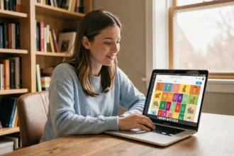 Femme créant un rébus personnalisé en ligne sur son ordinateur portable depuis son bureau à domicile