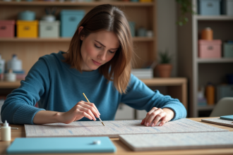 Femme examinant des toiles de diamant peinture dans un atelier chaleureux