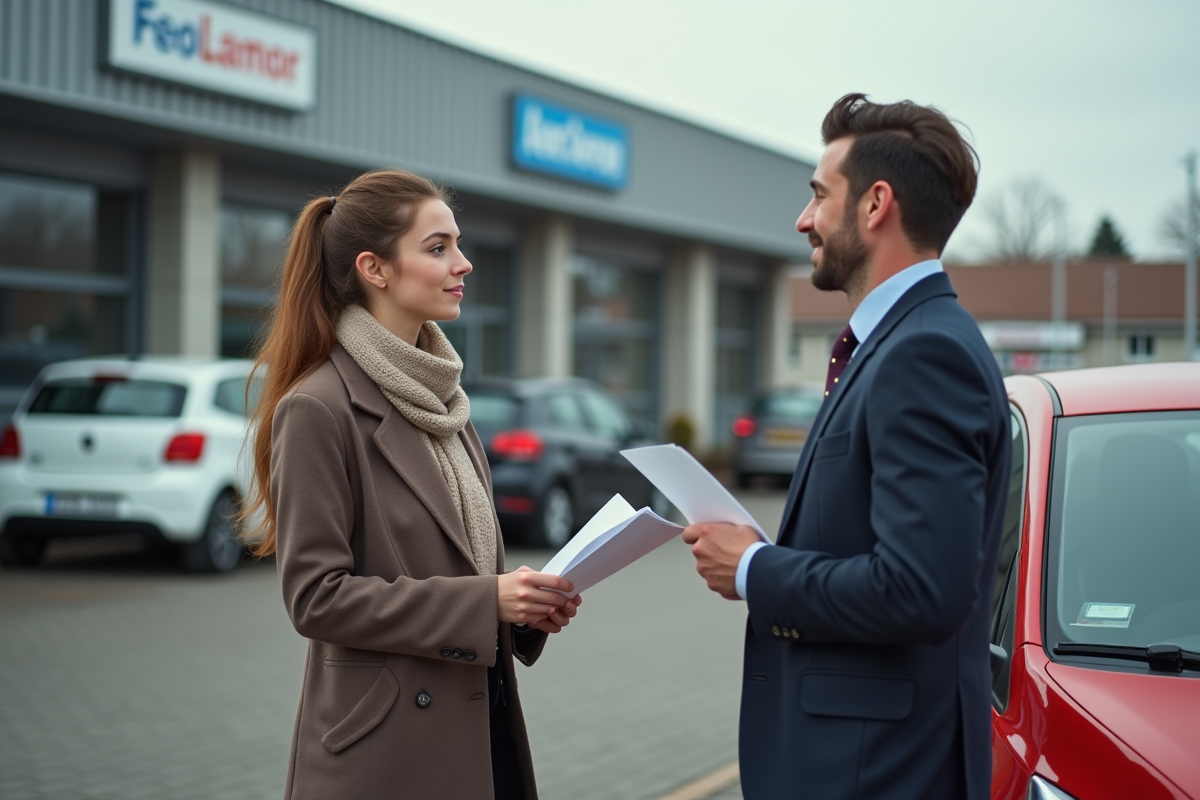 Jeune femme discutant avec un vendeur de voitures en extérieur