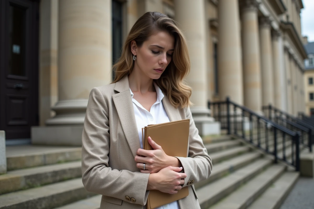 Femme tenant un dossier juridique devant un palais de justice après une décision de débouté