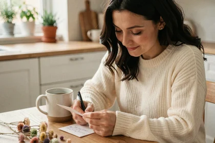 Femme écrivant un petit mot d'amour à la main sur une carte pliée dans une cuisine chaleureuse et cosy