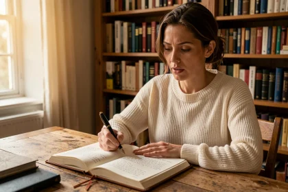 Femme écrivant des rimes en oi dans un carnet en cuir avec une plume, assise dans un bureau littéraire chaleureux