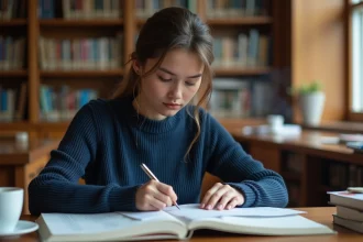 Jeune femme concentrée qui résout des énigmes logiques difficiles dans une bibliothèque universitaire, entourée de notes et de livres de concours