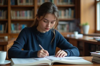 Jeune femme concentrée qui résout des énigmes logiques difficiles dans une bibliothèque universitaire, entourée de notes et de livres de concours