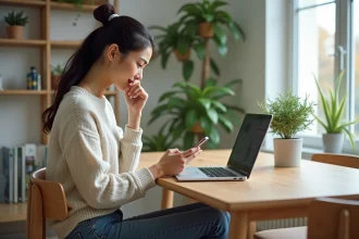 Jeune femme vérifiant ses finances sur un laptop blockchain