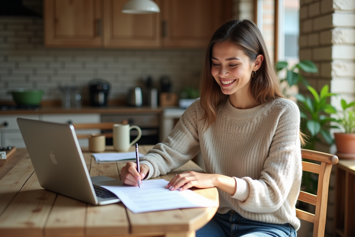 Jeune femme souriante gérant une location dans une cuisine chaleureuse