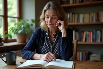 Femme moyenne âge étudie la grammaire française à la maison