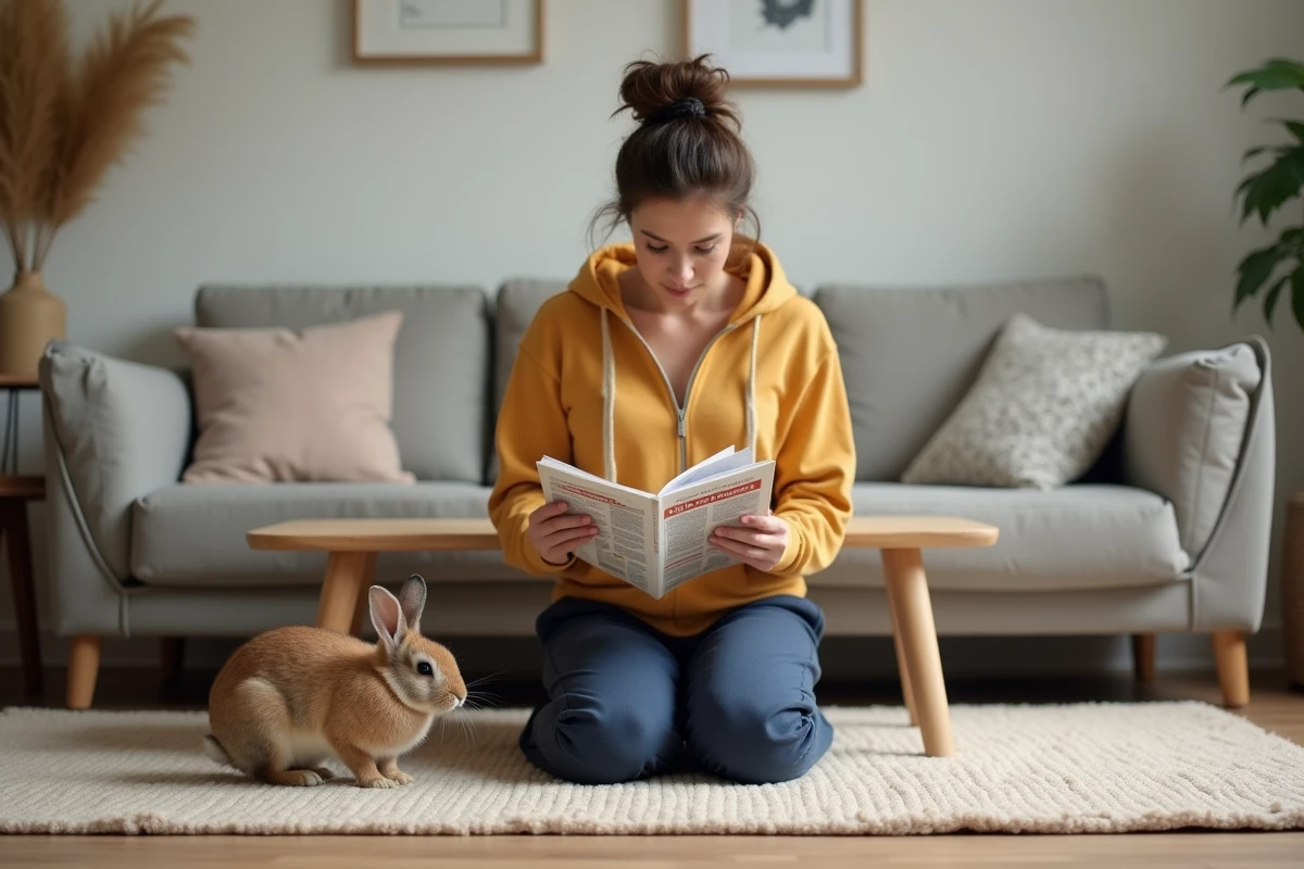 Femme débutante lisant un guide imprimé sur les soins aux lapins pendant que son lapin bélier explore librement le salon