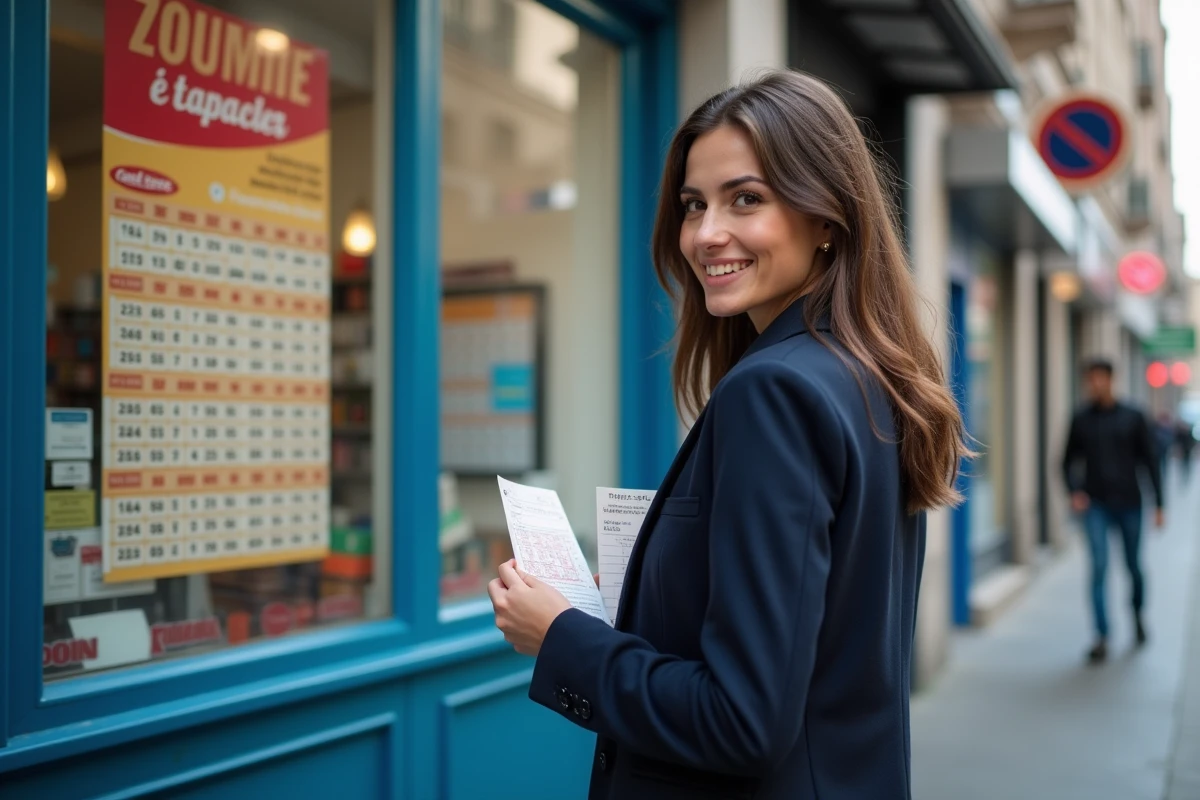Femme heureuse montrant son ticket gagnant devant un tabac