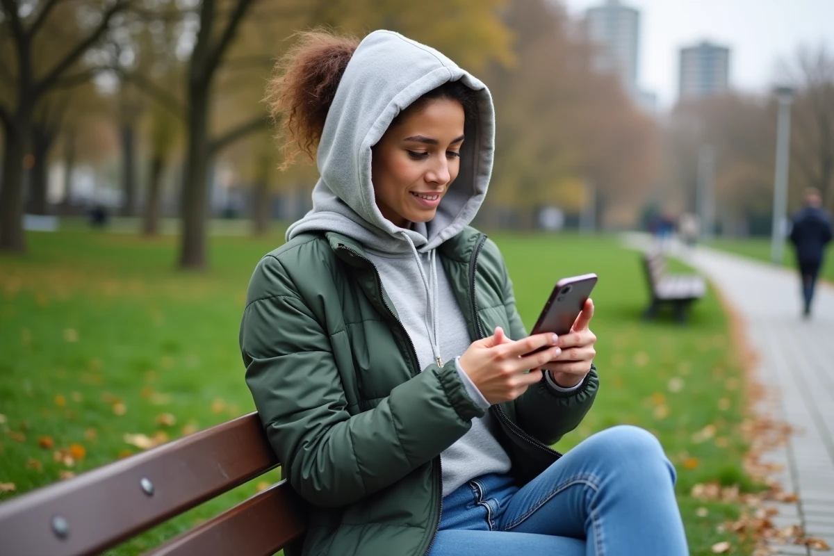 Femme utilisant une application Dofus dans un parc