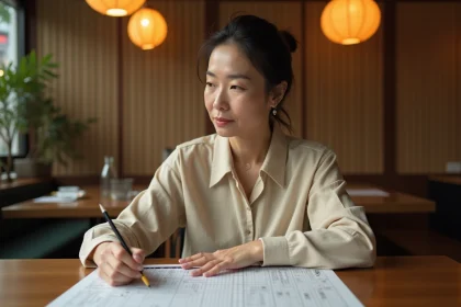 Femme japonaise résolvant des mots fléchés sur le thème des villes du Japon dans un café de Tokyo