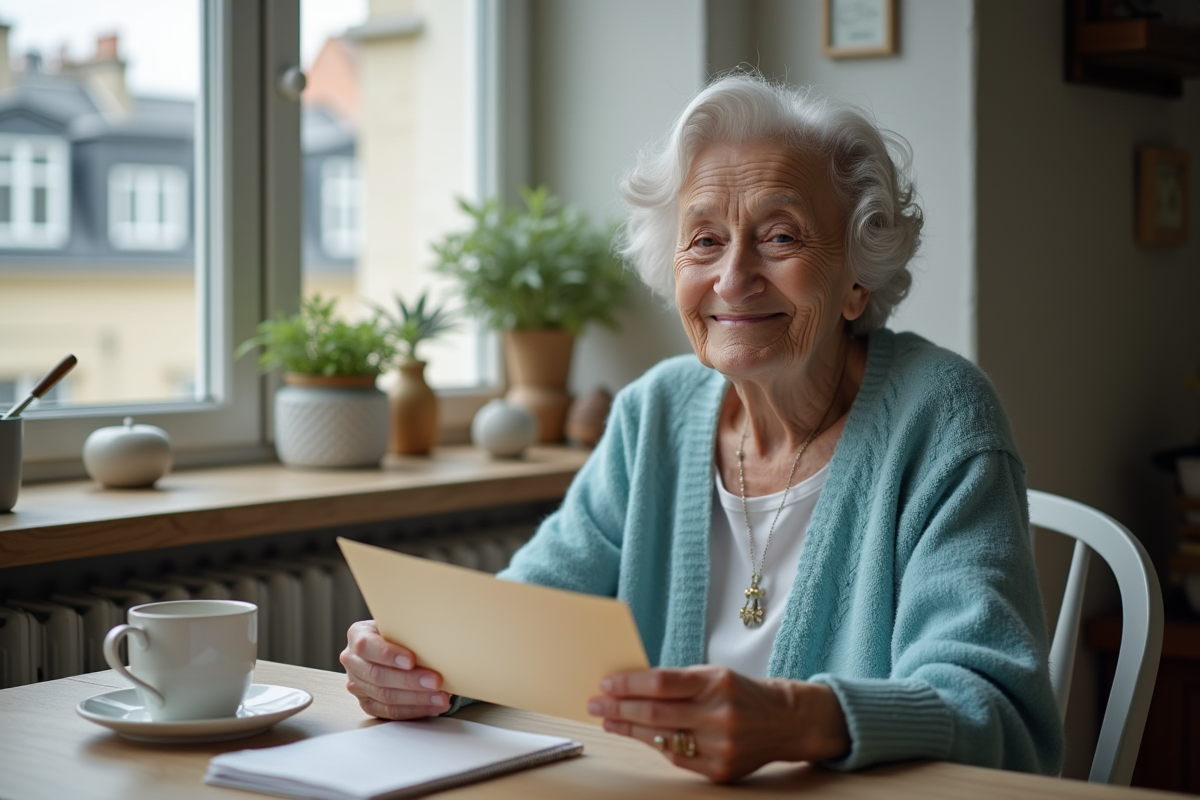 Femme âgée tenant une enveloppe du Trésor Public dans sa cuisine