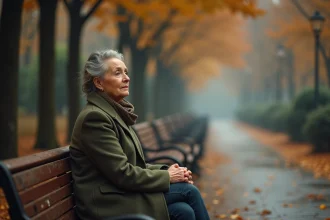 Femme contemplative assise seule sur un banc de parc en automne, illustrant la mélancolie et les proverbes sur la tristesse
