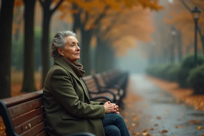 Femme contemplative assise seule sur un banc de parc en automne, illustrant la mélancolie et les proverbes sur la tristesse