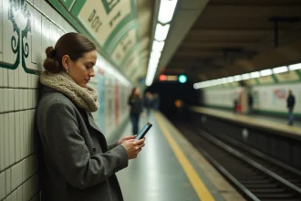 Jeune femme dans le métro parisien lisant une carte digitale