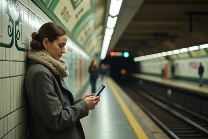 Jeune femme dans le métro parisien lisant une carte digitale