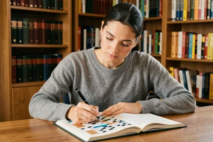 Femme concentrée résolvant une grille de mots croisés Codycross dans un carnet posé sur un bureau en bois
