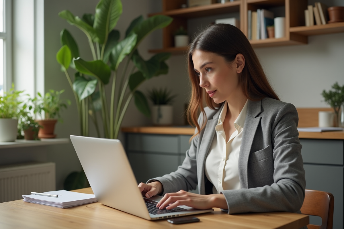 Femme millennial vérifiant ses finances sur son ordinateur à la maison