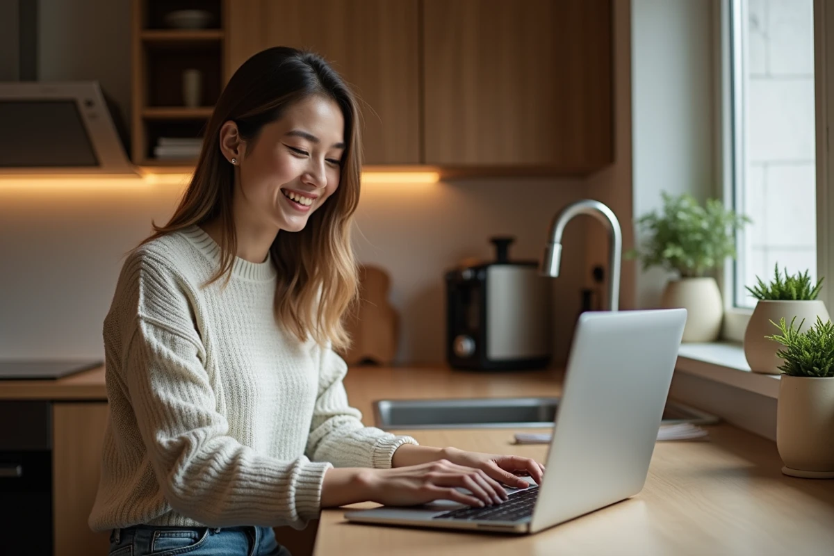 Jeune femme souriante utilisant un ordinateur dans une cuisine chaleureuse