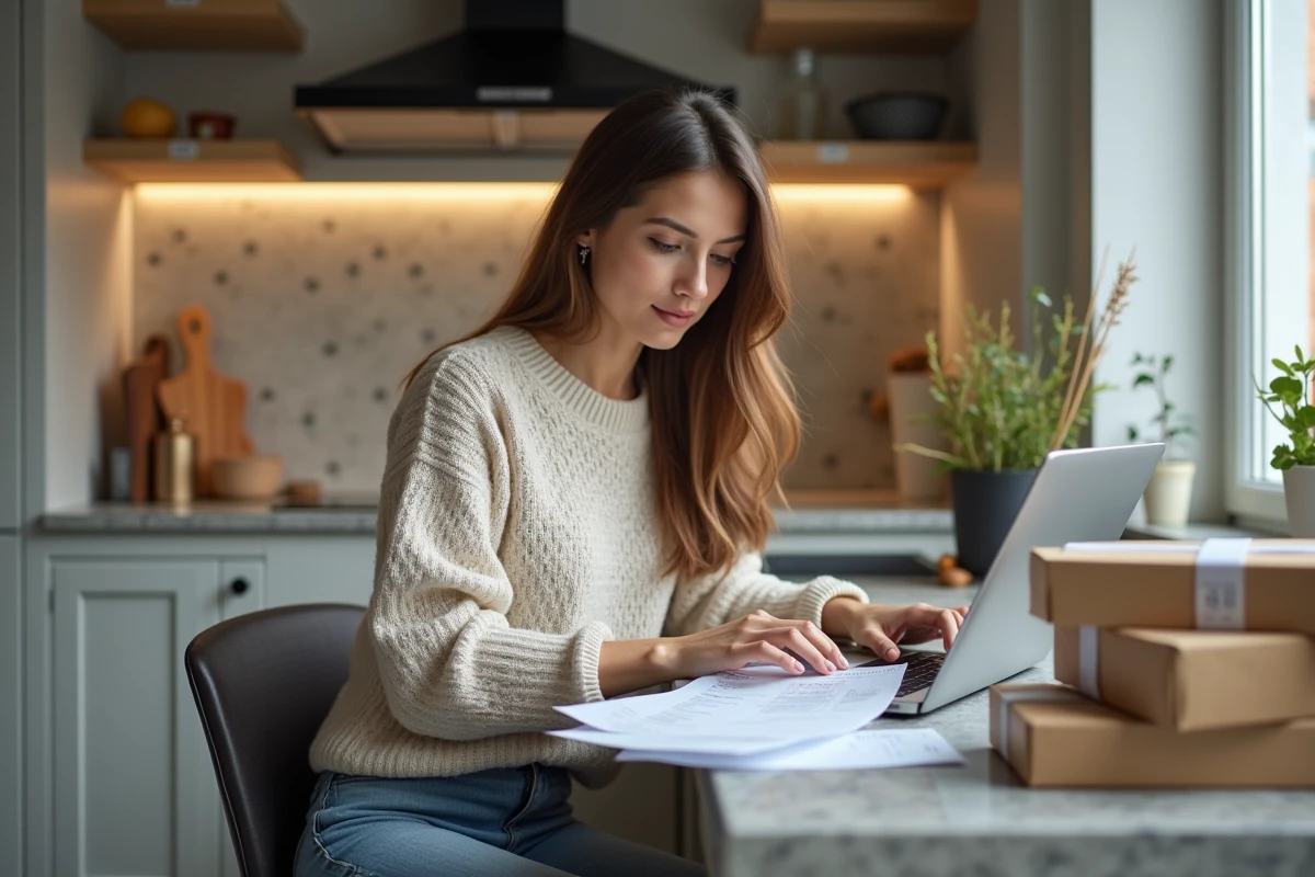 Femme en cuisine avec ordinateur et colis à côté