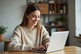 Femme souriante utilisant un ordinateur portable à la maison