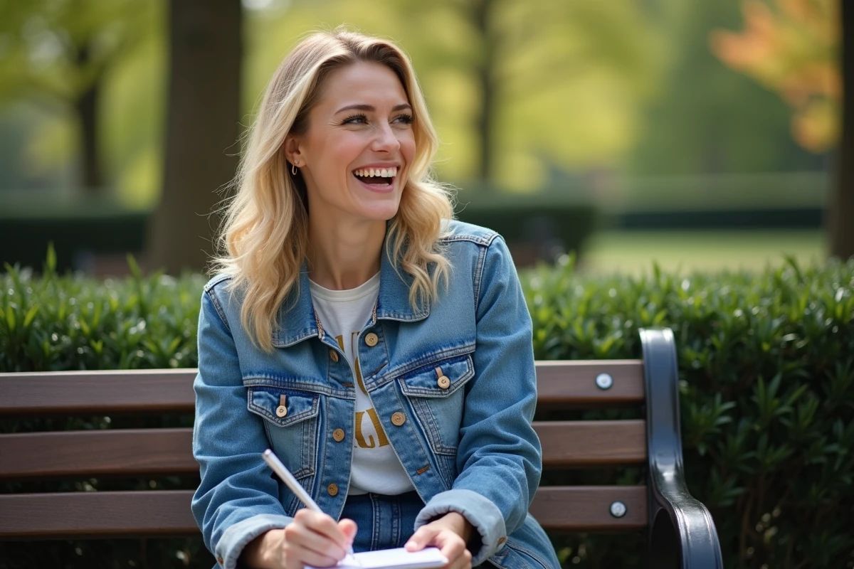 Femme blonde assise dans un parc parisien en denim
