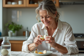 Femme d'âge moyen peignant un œuf dur à la cuisine