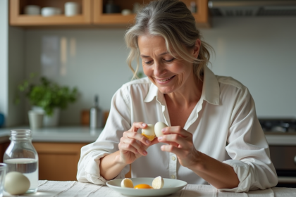 Femme d'âge moyen peignant un œuf dur à la cuisine