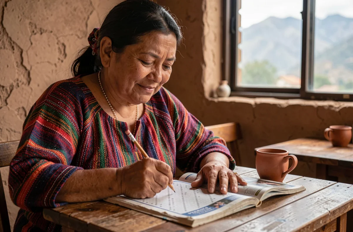 Femme péruvienne en tenue traditionnelle résolvant des mots fléchés dont une ville du Pérou en 3 lettres dans un café andin rustique