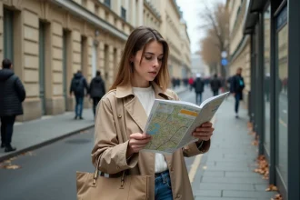 Femme consultant un plan de ligne de bus imprimé à un arrêt de bus parisien en automne