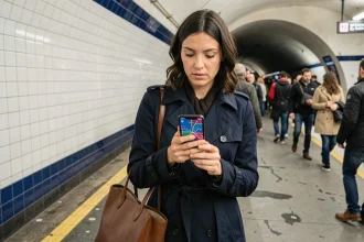 Femme consultant un plan de métro interactif sur smartphone sur un quai du métro parisien
