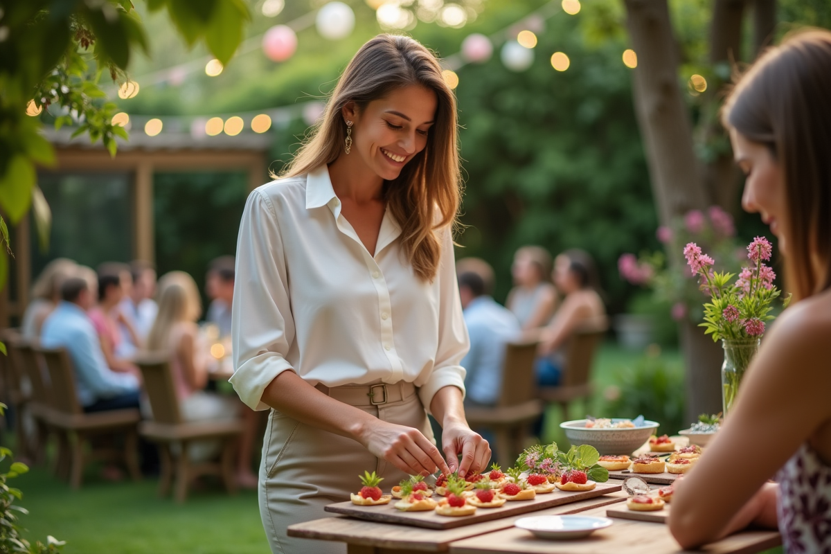 Femme préparant des amuse-bouches dans un jardin ensoleille