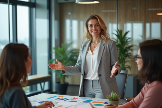 Femme confiante présentant des esquisses de stratégie d'entreprise