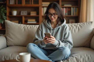 Jeune femme consultant anonymement des stories Instagram sur son smartphone dans un salon cosy