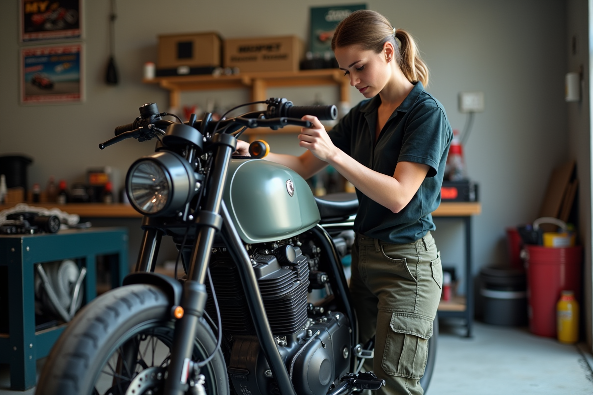 Femme en mécanique ajuste une moto dans un garage organisé