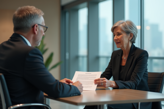 Femme d'âge moyen remettant une lettre de démission dans un bureau moderne