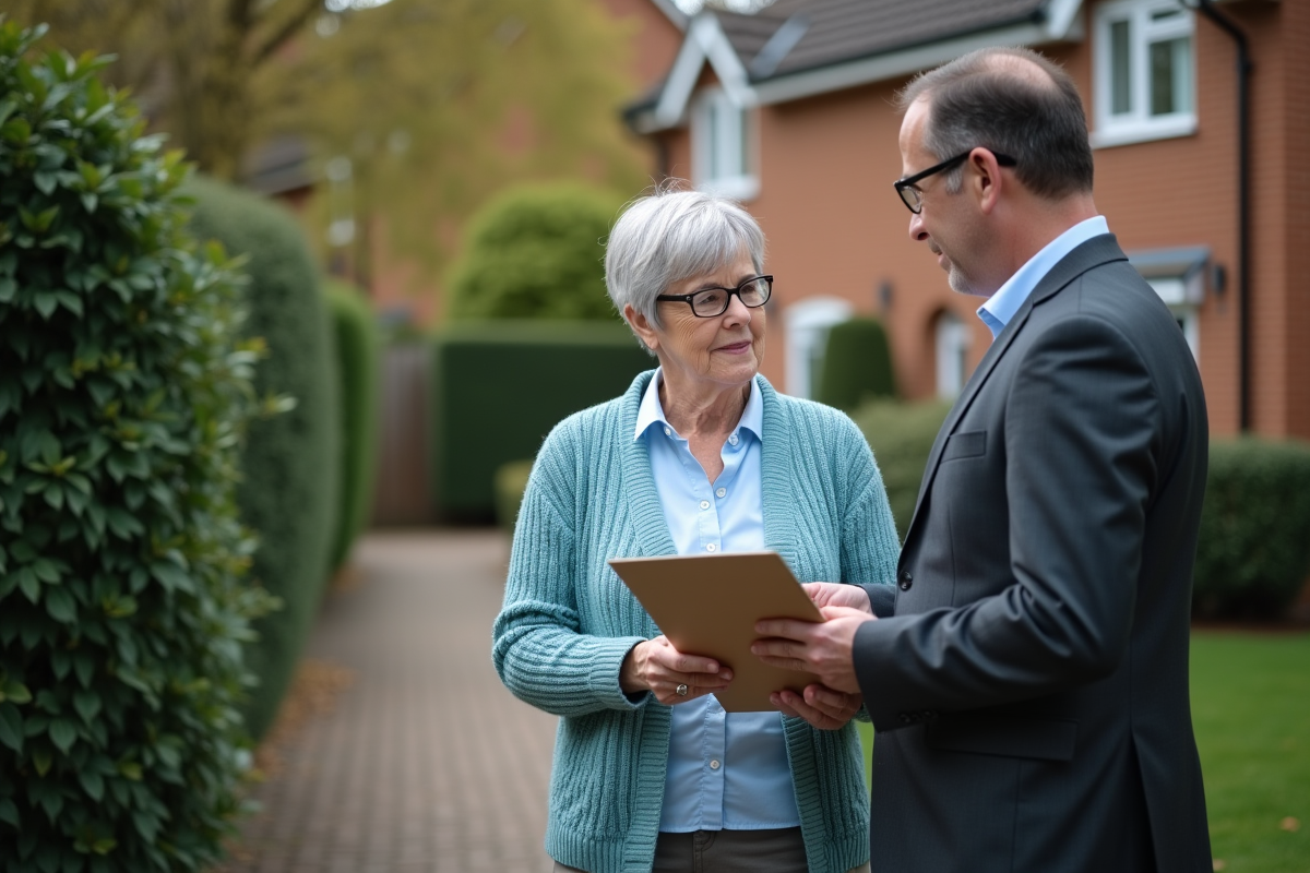 Femme retraitée examinant un dossier fiscal avec un conseiller dans un jardin