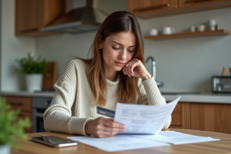 Femme en cuisine examine ses relevés bancaires